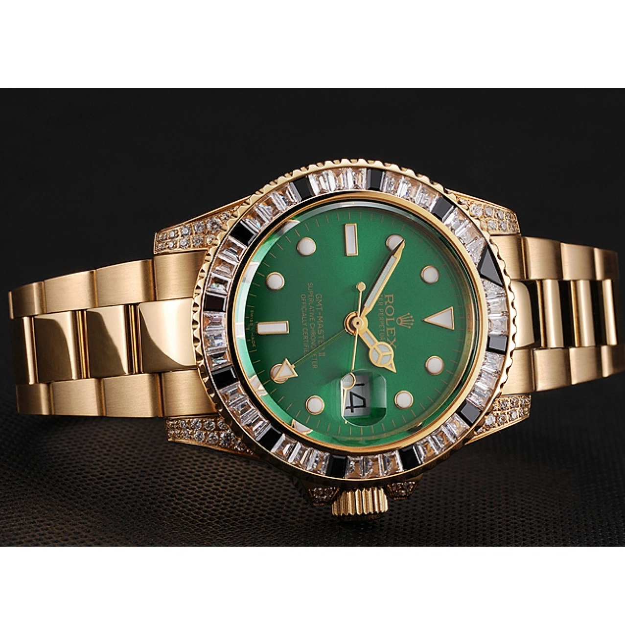 Best AAA Replica Sites Rolex 1453748 Gold Bezel Bracelet GMT Swiss Master Green Set And Case Stone II Dial 0528